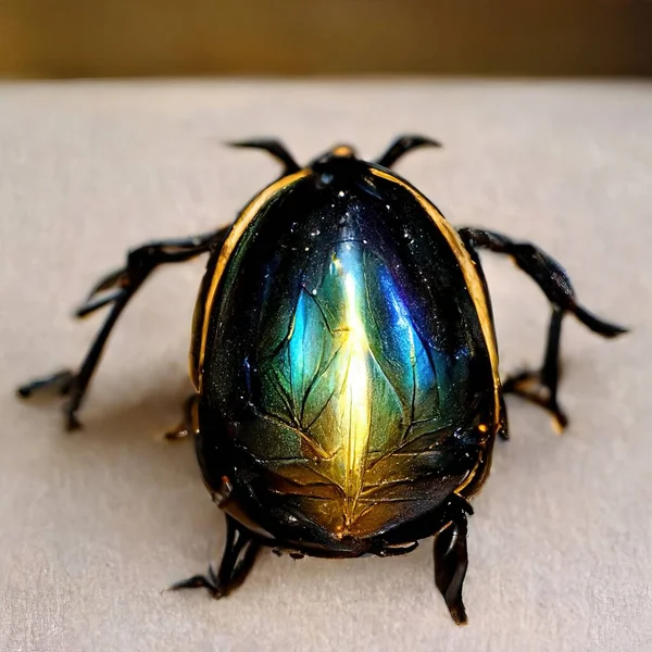 A 3D Illustration of a Beetle Scarab with the green and black colors on its body on the top of a table