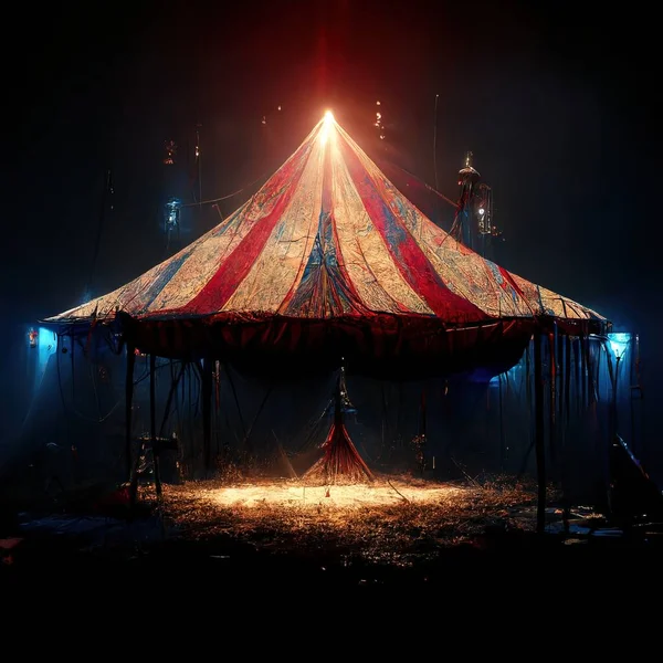 A 3D Illustration of a Circus tent with red colors and the lighting brighten the tent in the dark night