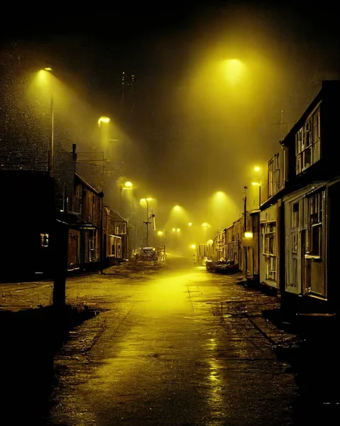 3D Illustration of a Street with a lot of street lighting and a yellow warm lamp shining the dark night on the street