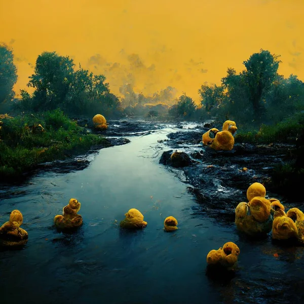 3D Illustration of a Yellow Ducks swimming on the river with the flowing water in the middle of the forest