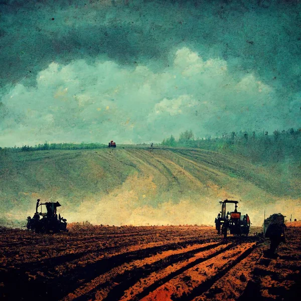 3D Illustration of a Tractor standing on the farm during the working time and the white clouds in the background