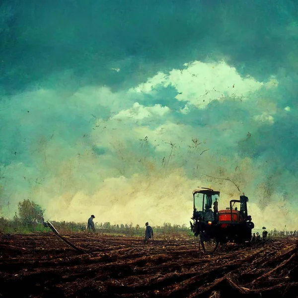 3D Illustration of a Tractor standing on the farm during the working time and the white clouds in the background