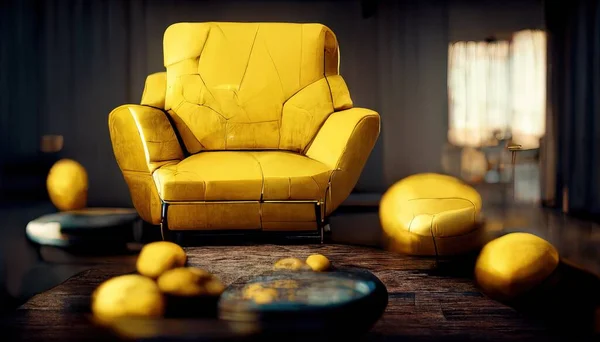 3D Illustration of a Yellow sofa in the modern living room with the yellow color and brown wall in the background