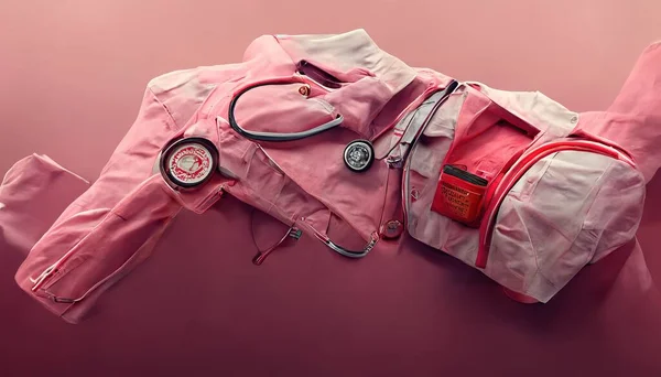 3D Illustration of a Pink medical aid kit with pink color in the background inside the hospital