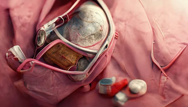 3D Illustration of a Pink medical aid kit with pink color in the background inside the hospital