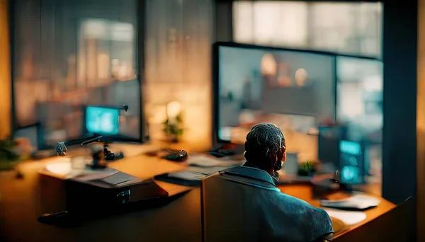 3D Illustration of a man working lonely in the office during the dark night