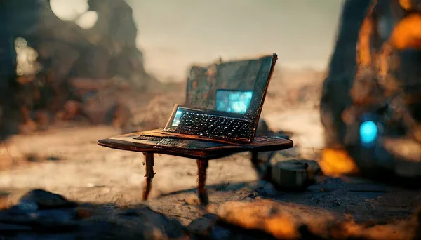 3D Illustration of a Laptop standing on the table inside the working office in the building
