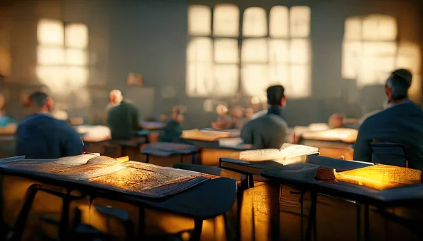 3D Illustration of a Teacher and a student learning together in the class during the sunset