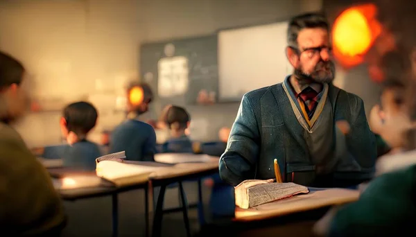 3D Illustration of a Teacher and a student learning together in the class during the sunset