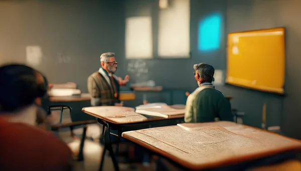 3D Illustration of a Teacher and a student learning together in the class during the sunset