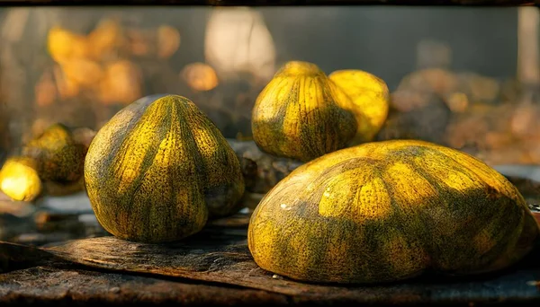 3D Illustration of Acorn squash on the basket on the brown kitchen table inside the kitchen