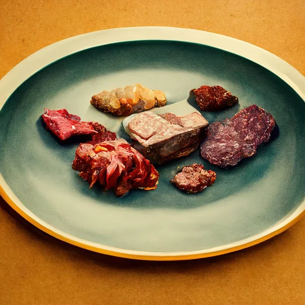 3D Illustration of a Plate full of meat with a yellow background in the kitchen