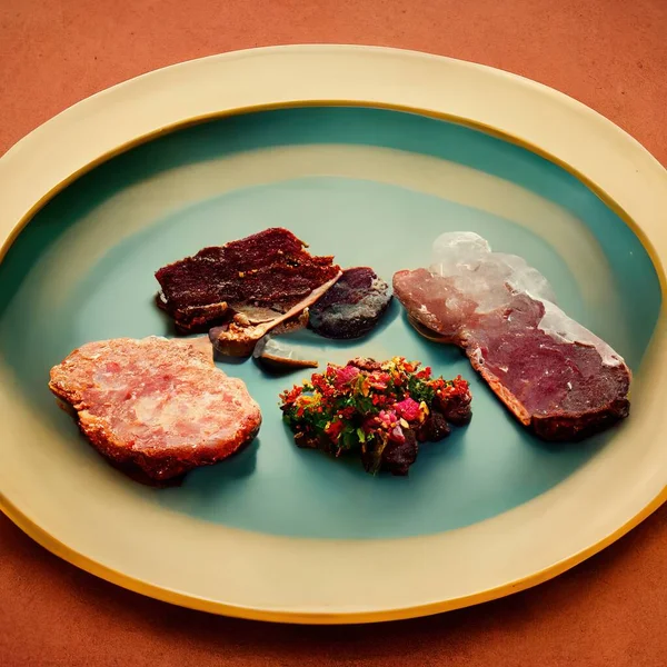 3D Illustration of a Plate full of meat with a yellow background in the kitchen