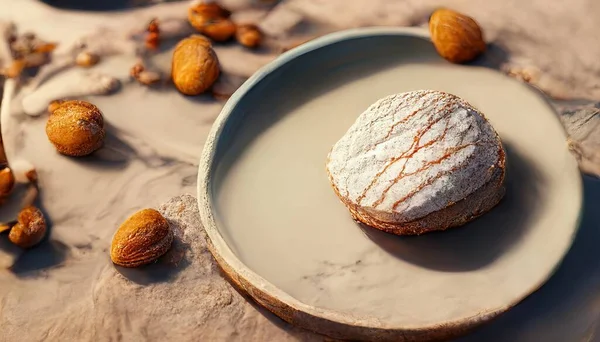 3D Illustration of Almond Paste on the white plate with a wooden table inside the kitchen