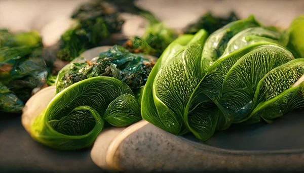 3D Illustration of Asian Greens on the white plate with green colors inside the kitchen