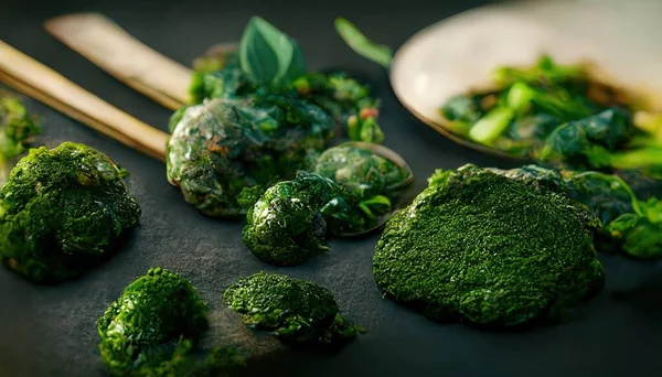 3D Illustration of Asian Greens on the white plate with green colors inside the kitchen