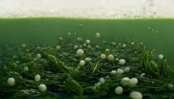 3D Illustration of Green algae with a creamy texture and a green bubble inside the bowl in the kitchen