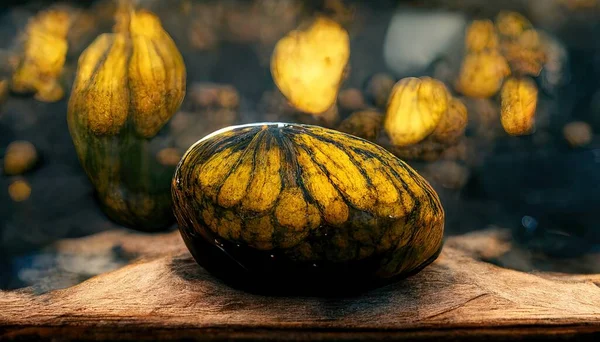 3D Illustration of Acorn squash on the basket on the brown kitchen table inside the kitchen
