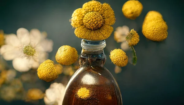 3D illustration of a Chamomile flower on the bottle with fresh yellow color inside the kitchen