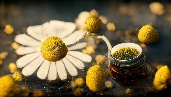 3D illustration of a Chamomile flower on the bottle with fresh yellow color inside the kitchen