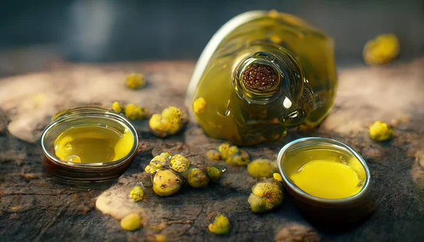 3D illustration of a Canola oil on the bottle on top of the wooden table inside the kitchen