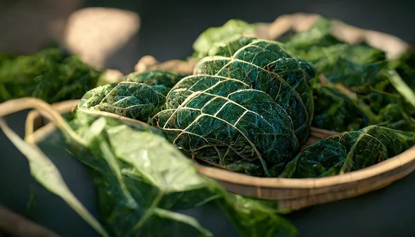 3D illustration of a Fresh collard greens on the wooden basket with green color in it inside the kitchen