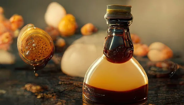 3D illustration of a Brussels syrup on the bottle with brown color on the wooden table inside the kitchen