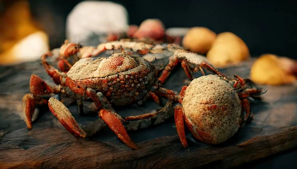 3D illustration of a Fresh Crab on the wooden basket inside the kitchen