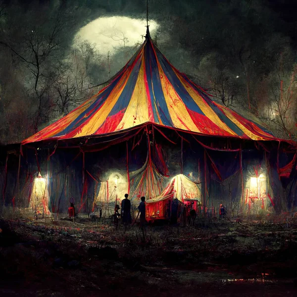 3D rendering of a Big circus tent with red and white colors blending with the lighting inside the carnival area