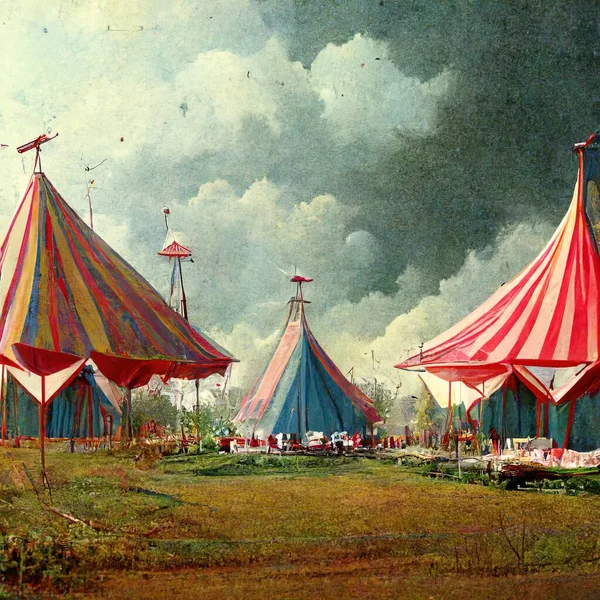 3D rendering of a huge circus tent standing on the empty land during the daylight in the festival