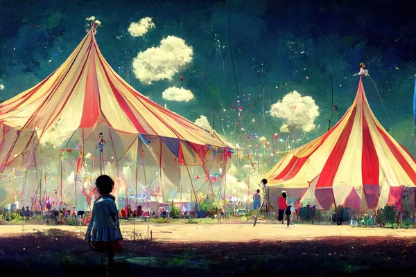 3D rendering of a people standing in front of the colorful circus tent during the night at the carnival