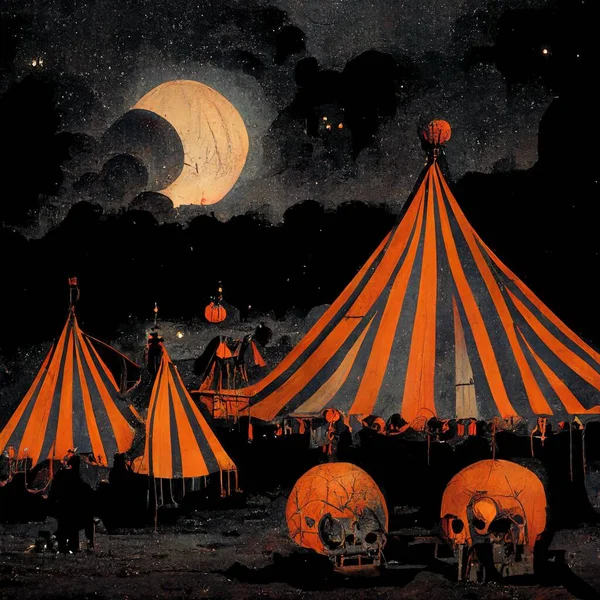3D rendering of a Scary circus tent inside the carnival with a broken tent  and dark vibes during the dark - Stock Image - Everypixel