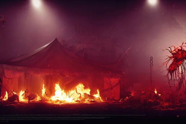 3D rendering of a Scary circus tent inside the carnival with a broken tent and dark vibes during the dark