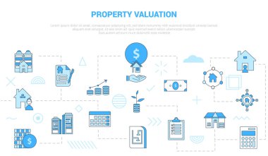 özellik değerleme kavramı simge set afişi ile modern mavi renk biçimi illüstrasyonuna sahip