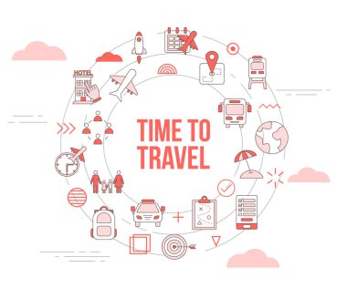 Simge şablon pankartı ve yuvarlak şekil çizimi ile seyahat etme zamanı