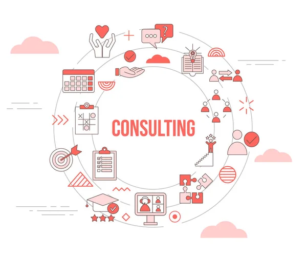 Consulting Concept Met Pictogram Set Sjabloon Banner Cirkel Ronde Vorm — Stockvector