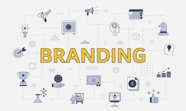 Merkez vektör illüstrasyonunda büyük kelime ya da metin içeren simge seti ile markalaştırma kavramı