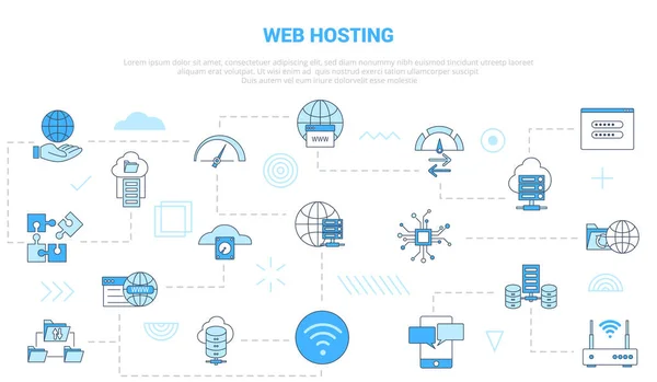 Web Ιστοσελίδα Hosting Έννοια Εικονίδιο Σύνολο Πρότυπο Πανό Σύγχρονη Μπλε — Διανυσματικό Αρχείο