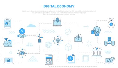 Modern mavi renk biçimi illüstrasyonlu ikon set afişi ile dijital ekonomi konsepti