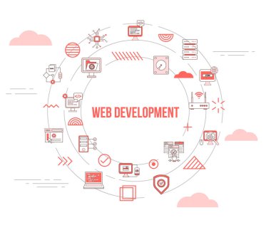 Simge ayarlı şablon ve daire şeklinde yuvarlak vektör içeren web geliştirme web sitesi kavramı