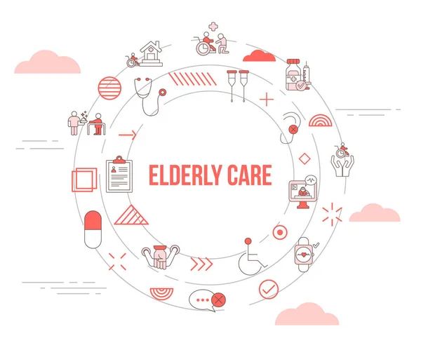 Έννοια Φροντίδας Ηλικιωμένων Εικονίδιο Σύνολο Πανό Πρότυπο Και Κύκλο Στρογγυλό — Διανυσματικό Αρχείο