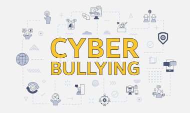 Merkezi vektör illüstrasyonunda büyük sözcük veya metin içeren simge setiyle siber zorbalık kavramı