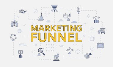 Merkez vektör illüstrasyonunda büyük kelime ya da metin içeren simge setiyle pazarlama hunisi kavramı