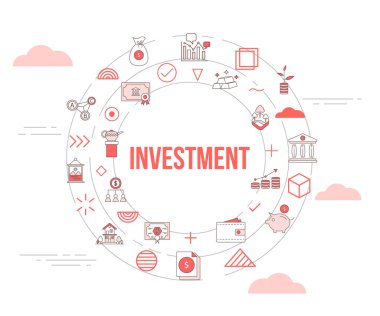 İkonlu yatırım konsepti şablon pankartı ve yuvarlak şekilli vektör çizimi