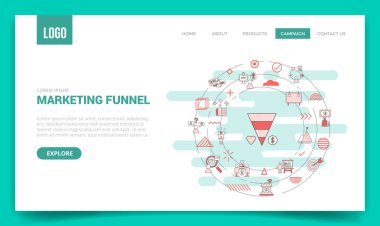 Web sitesi şablonu veya iniş sayfası ana sayfa çizimi için çember simgesine sahip huni konsepti
