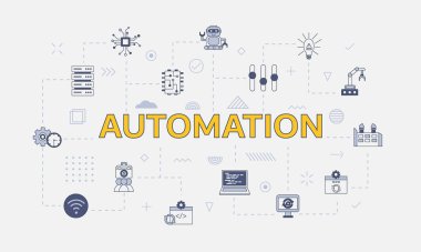 Merkez vektör illüstrasyonunda büyük sözcük veya metin içeren simge seti ile otomasyon kavramı