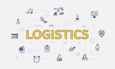 Merkez vektör illüstrasyonunda büyük kelime ya da metin içeren simge setiyle lojistik kavramı