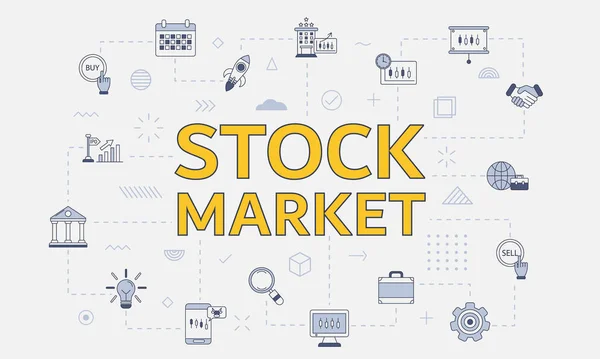 中央のベクトル図に大きな単語やテキストで設定されたアイコンと株式市場の概念 — ストックベクタ