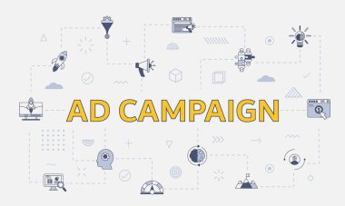 Merkezi vektör illüstrasyonunda büyük sözcük ya da metin içeren reklam kampanyası kavramı