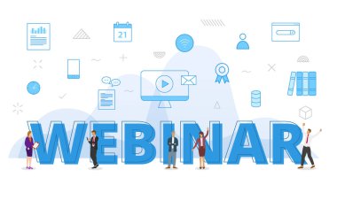 Büyük kelimelerle webinar kavramı ve modern mavi renk çizimi ile yayılan ilgili ikonla çevrelenmiş insanlar